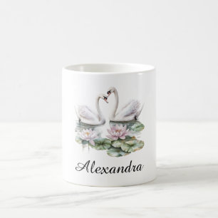 Blue Pink Lotus Flowers Swans Coffee Mug