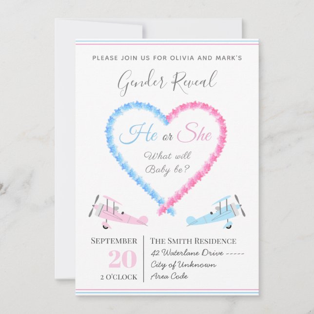 Blue Pink Love Heart Smoke Aeroplane Gender Reveal Invitation (Front)