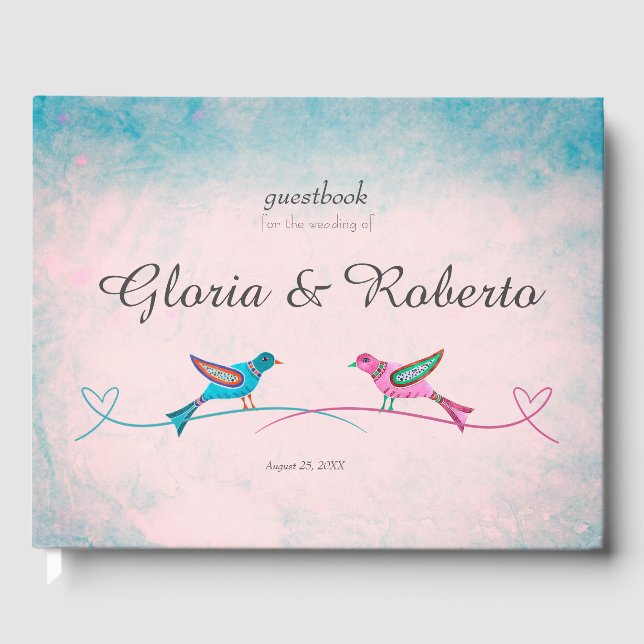 Blue Pink Lovebirds Mexican Wedding Guest Book (Front)