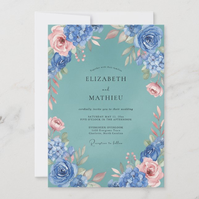 Blue Pink Lush Floral Wedding Invitation (Front)