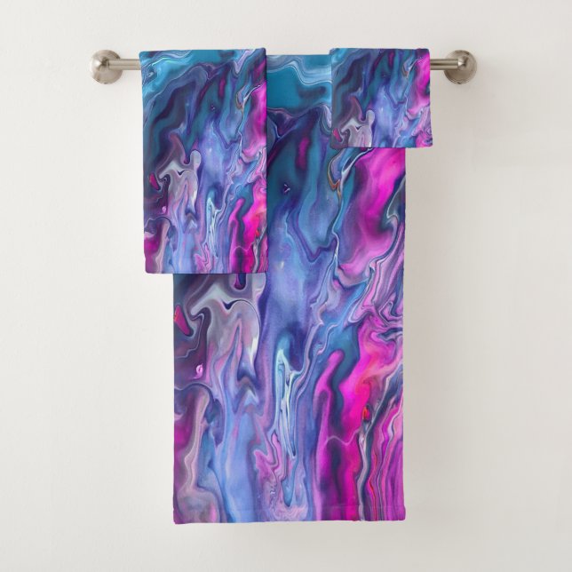 Blue & Pink Marble Acrylic Abstraction Bath Towel Set (Insitu)