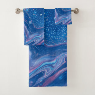 Blue & Pink Marble Agate Abstraction Bath Towel Set