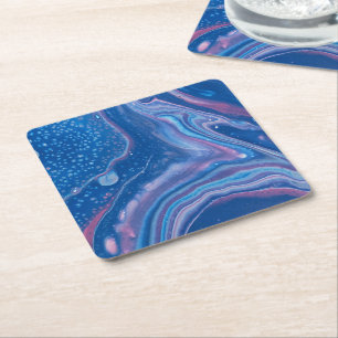 Blue & Pink Marble Agate Abstraction Square Paper Coaster
