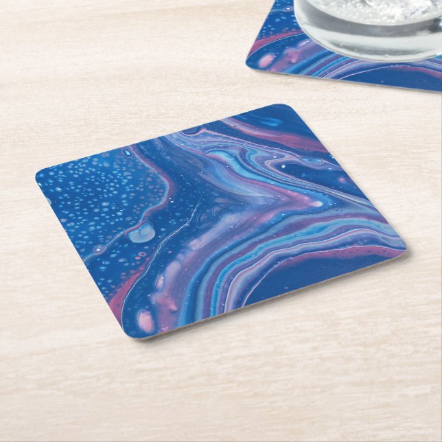 Blue & Pink Marble Agate Abstraction Square Paper Coaster (Angled)