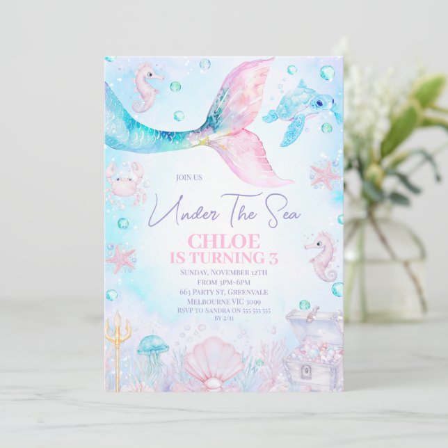 Blue Pink Mermaid Tail Under the Sea Birthday  Invitation (Standing Front)