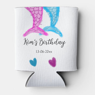 blue pink mermaid watercolor add name birthday  can cooler