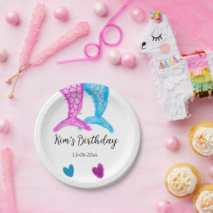 blue pink mermaid watercolor add name birthday paper plate