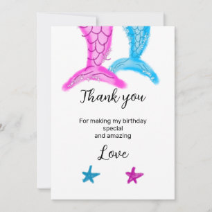blue pink mermaid watercolor add name birthday thank you card