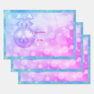 Blue Pink Merry Christmas Holiday Blessings Wrapping Paper Sheet