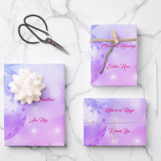 Blue Pink Merry Christmas Holiday Blessings Wrapping Paper Sheet (Front)