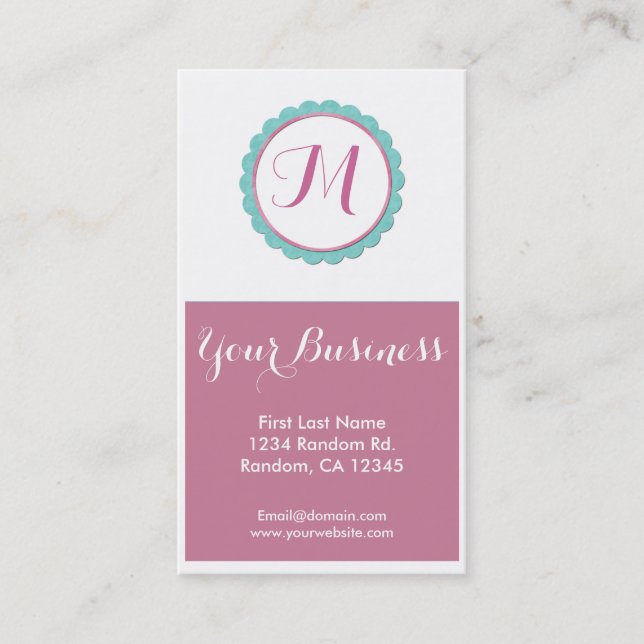 Blue pink monogram custom business cards (Front)