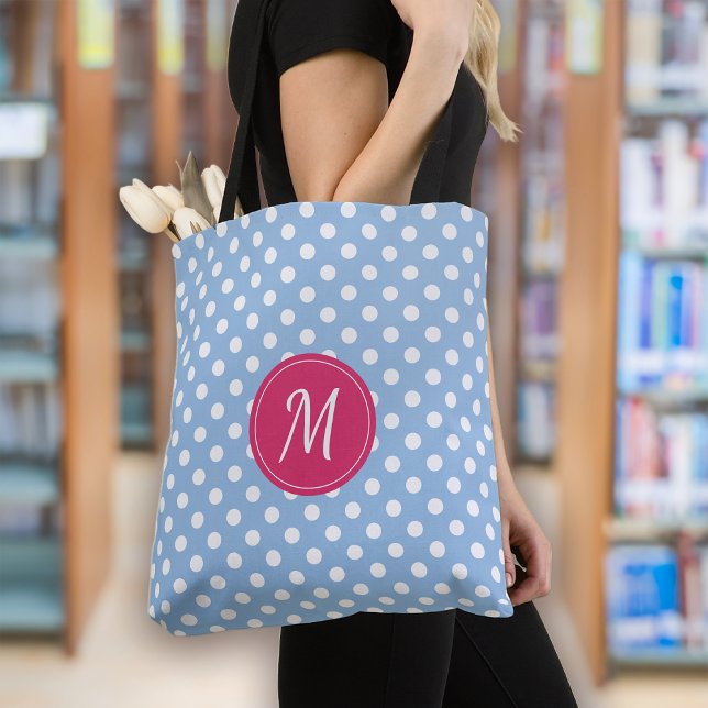 Blue Pink Monogram Polka Dots Tote Bag (Creator Uploaded)