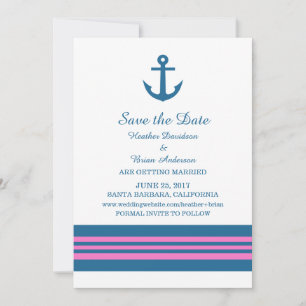 Blue Pink Nautical Anchor Save the Date Invite