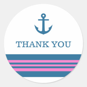 Blue Pink Nautical Anchor Thank You Stickers