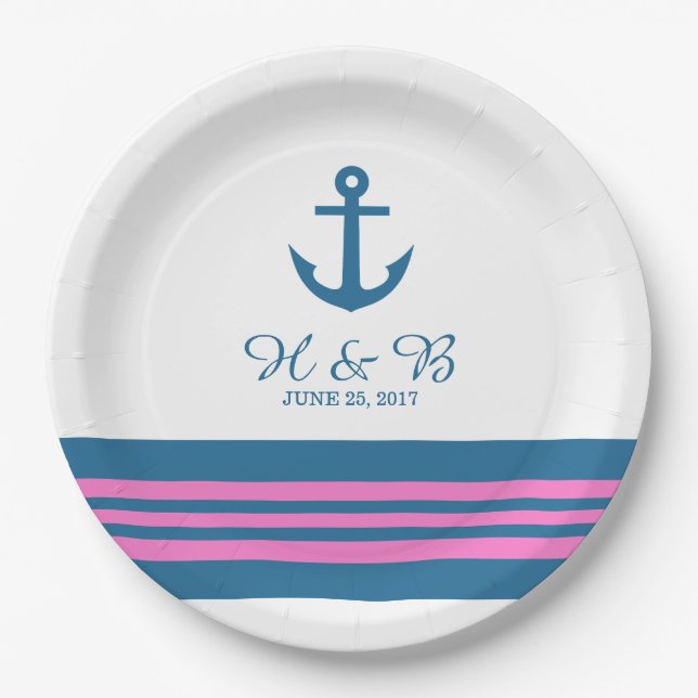 Blue Pink Nautical Anchor Wedding Paper Plates (Front)