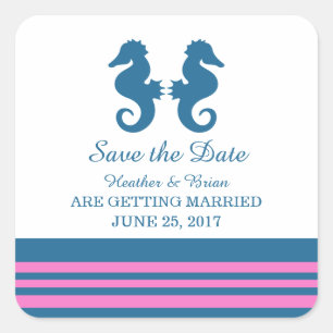 Blue Pink Nautical Seahorse Save the Date Square Sticker