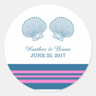 Blue Pink Nautical Seashells Wedding Stickers