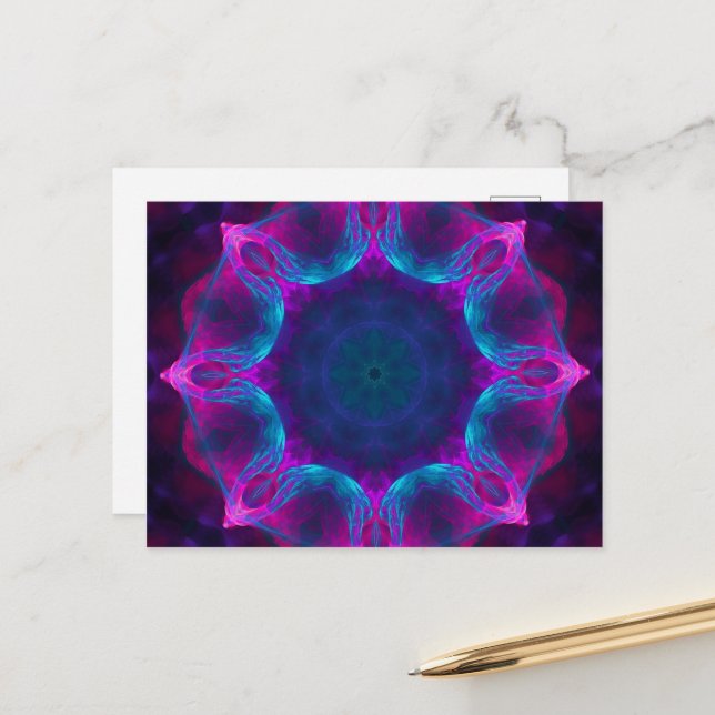 Blue & Pink Neon Dark Kaleidoscope Gradient Postcard (Front/Back In Situ)