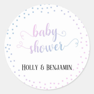 Blue Pink Ombré Confetti Typography Baby Shower Classic Round Sticker