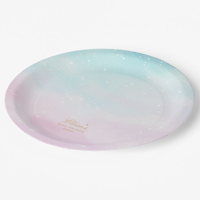 Blue Pink Ombre Gender Reveal Baby Shower Welcome Paper Plate (Angled)