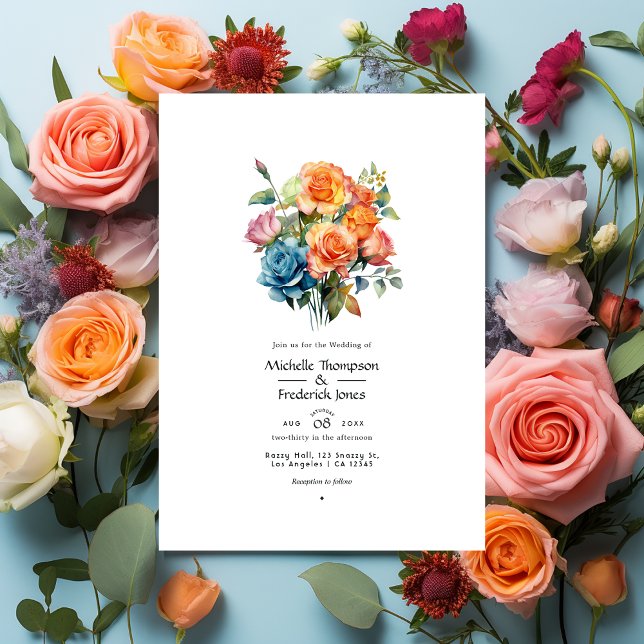 Blue, Pink, Orange, and Green Floral Wedding Invitation (Creator Uploaded)