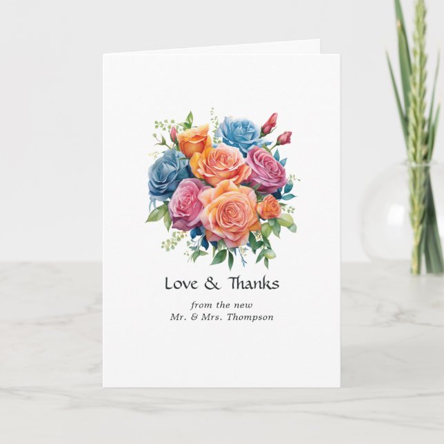 Blue, Pink, Orange, and Green Floral Wedding Thank You Card (Front)