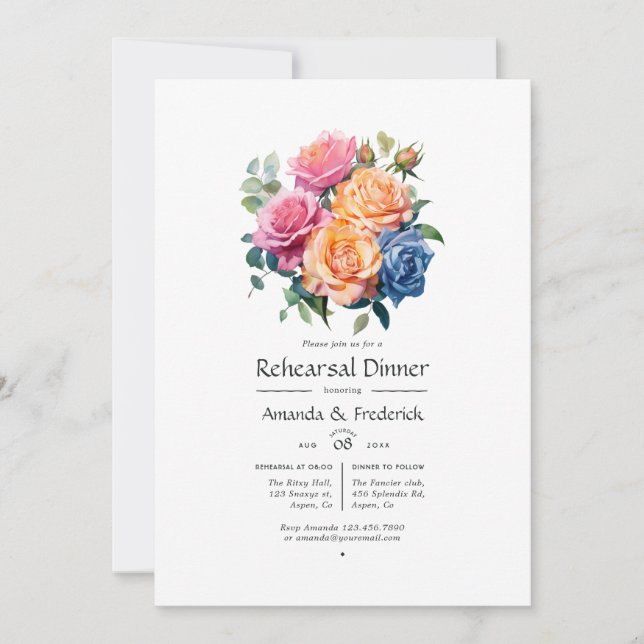 Blue, Pink, Orange, and Green Rehearsal Dinner Invitation (Front)