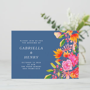 Blue Pink Orange Watercolor Floral Simple Wedding Invitation