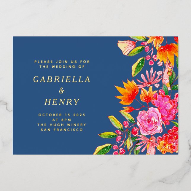 Blue Pink Orange Watercolor Floral Wedding Gold (Front)