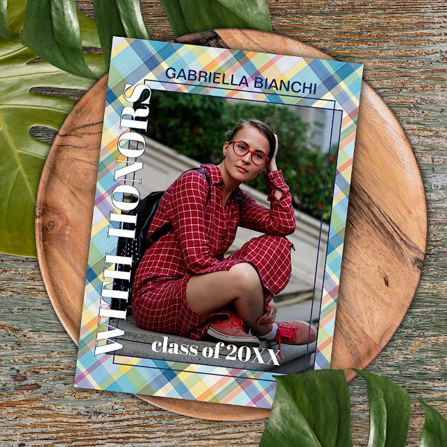 Blue Pink Orange Yellow Tartan Plaid Graduation Announcement (Creator Uploaded)