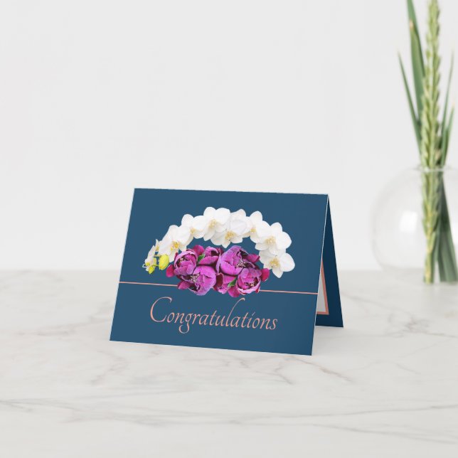 Blue Pink Orchid & Peony Bouquet Congratulations Card (Front)