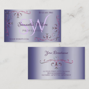 Blue Pink Ornate Corner Border Ornamental Initials Business Card