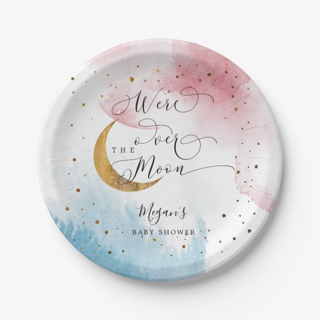 Blue Pink Over the Moon Gold Baby Shower Paper Plate (Front)