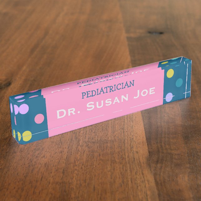 Blue pink paediatrician name plate colourful dots (Side)