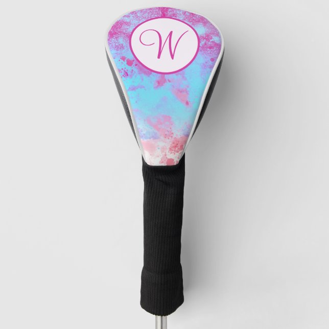 Blue Pink Paint Splash Monogram Golf Head Cover (Front)
