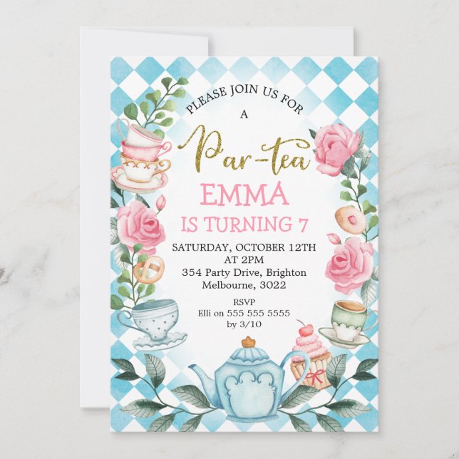 Blue Pink Par-tea Tea Party Birthday Invitation (Front)