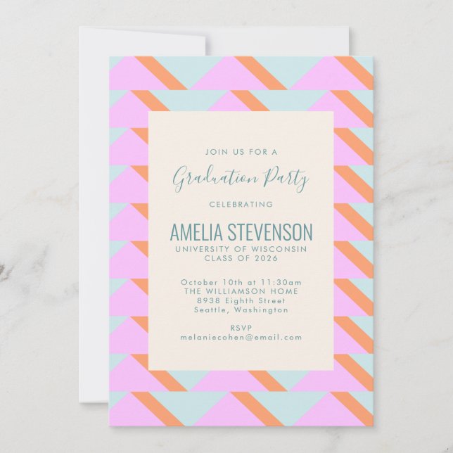 Blue Pink Pastel Retro Geometric Graduation Party Invitation (Front)