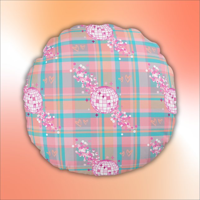 Blue, Pink & Peach Pattern with Glitter & Hearts | Round Cushion (Creator Uploaded)