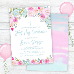 Blue Pink Peach Purple Floral First Holy Communion Invitation