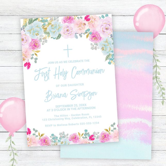 Blue Pink Peach Purple Floral First Holy Communion Invitation (Creator Uploaded)