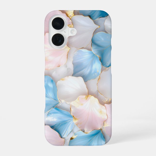 Blue Pink Petal Gold Edge iPhone 16 Case (Back)