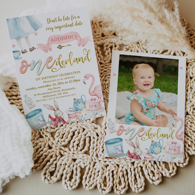 Blue Pink Photo Alice in Onederland 1st Birthday Invitation (Alice in Onederland 1st Birthday Invitation Girl, With Photo Alice In Wonderland 1st Birthday Invite)