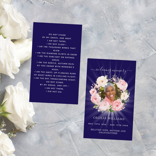 Blue pink photo floral wreath funeral prayer card (Creator Uploaded)