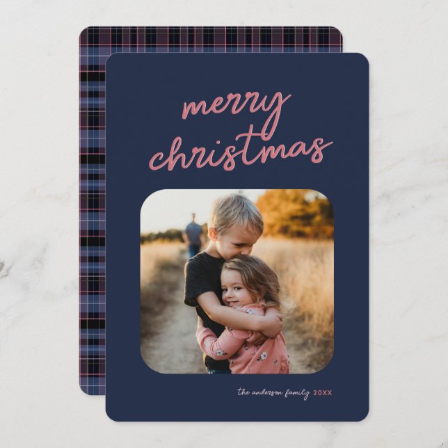 Blue Pink Plaid 1-Photo Merry Christmas Script Holiday Card (Front/Back)