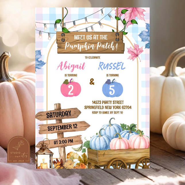 Blue Pink Plaid pumpkin patch Joint Birthday Invitation (Creator Uploaded)