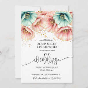 Blue & Pink  Poppy Watercolor Wedding Invitation