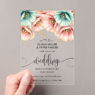 Blue & Pink  Poppy Watercolor Wedding Invitation