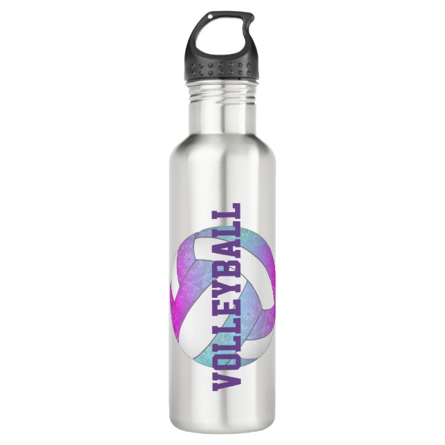 blue pink purple artsy girls volleyball 710 ml water bottle (Front)
