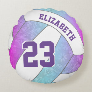 blue pink purple artsy girls volleyball round cushion