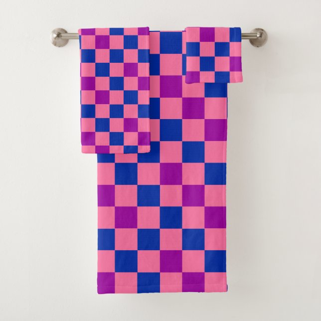 Blue Pink Purple Chequered Pattern Design  Bath Towel Set (Insitu)